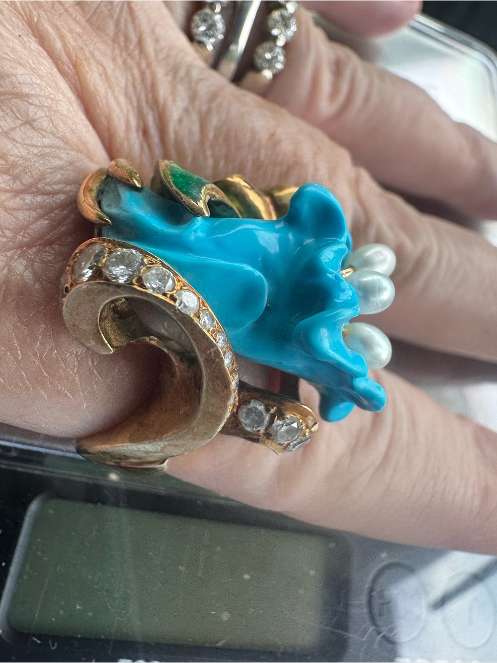 18K Pearl Diamond Enamel Flower Ring 25.64 Grams - Picture 4 of 12